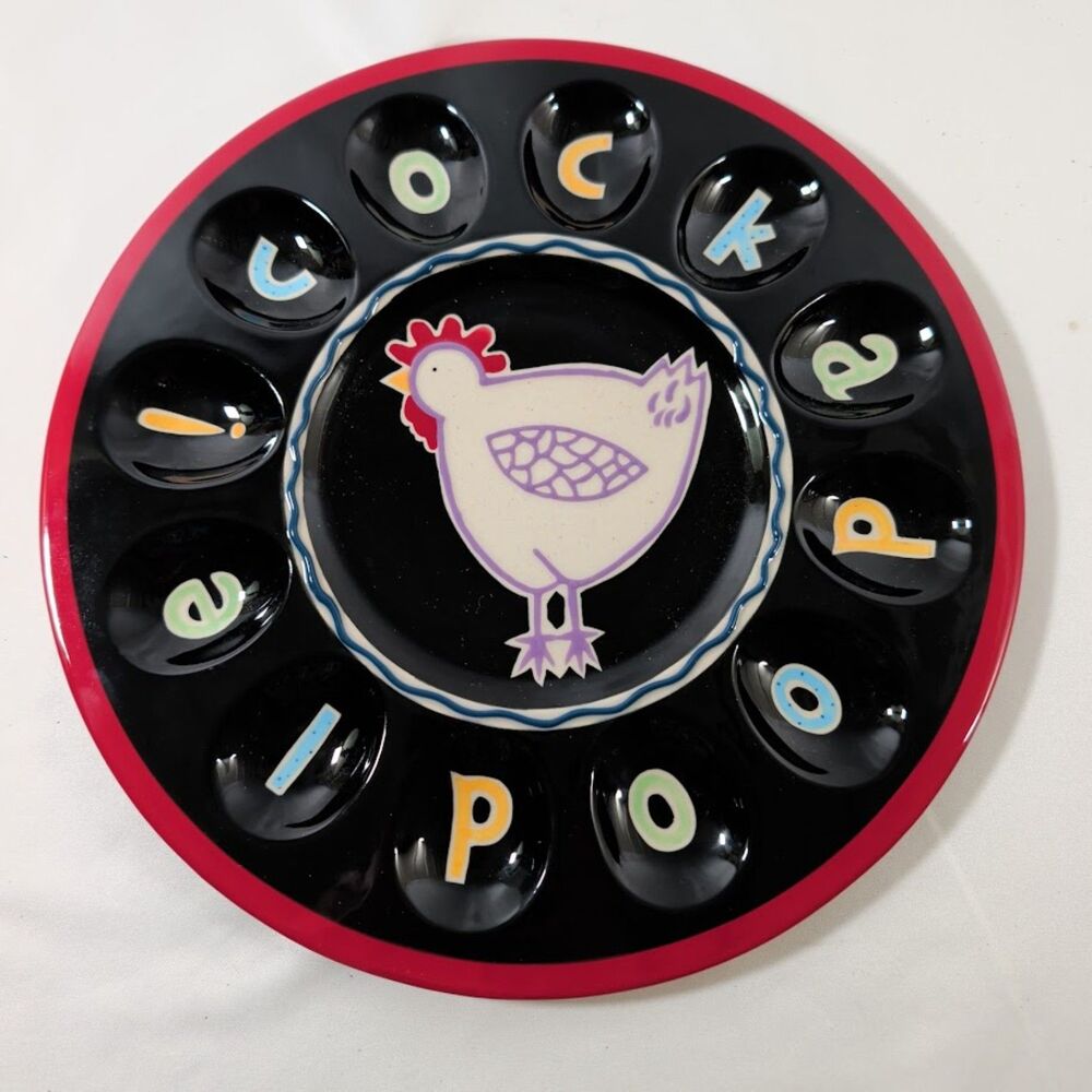 Becky Denny Cockadoodle Deviled Egg Platter Rooster Chicken 12 Egg Ceramic